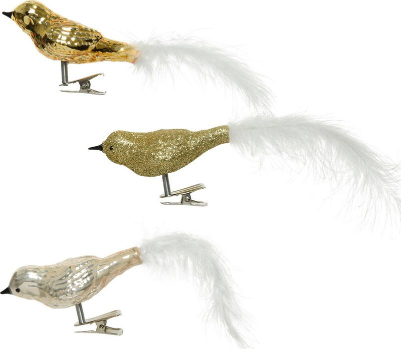 Decoris Glazen Decoratie Vogels op Clip Champagne/Goud 8 cm - Set van 3 - Kerstboomversiering