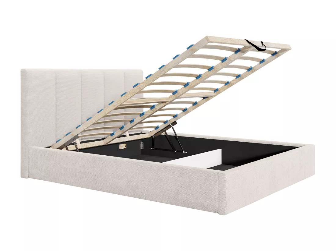 Lit coffre 180 x 200 cm avec tête de lit coutures verticales - Tissu - Beige - Avec matelas - KILACLO