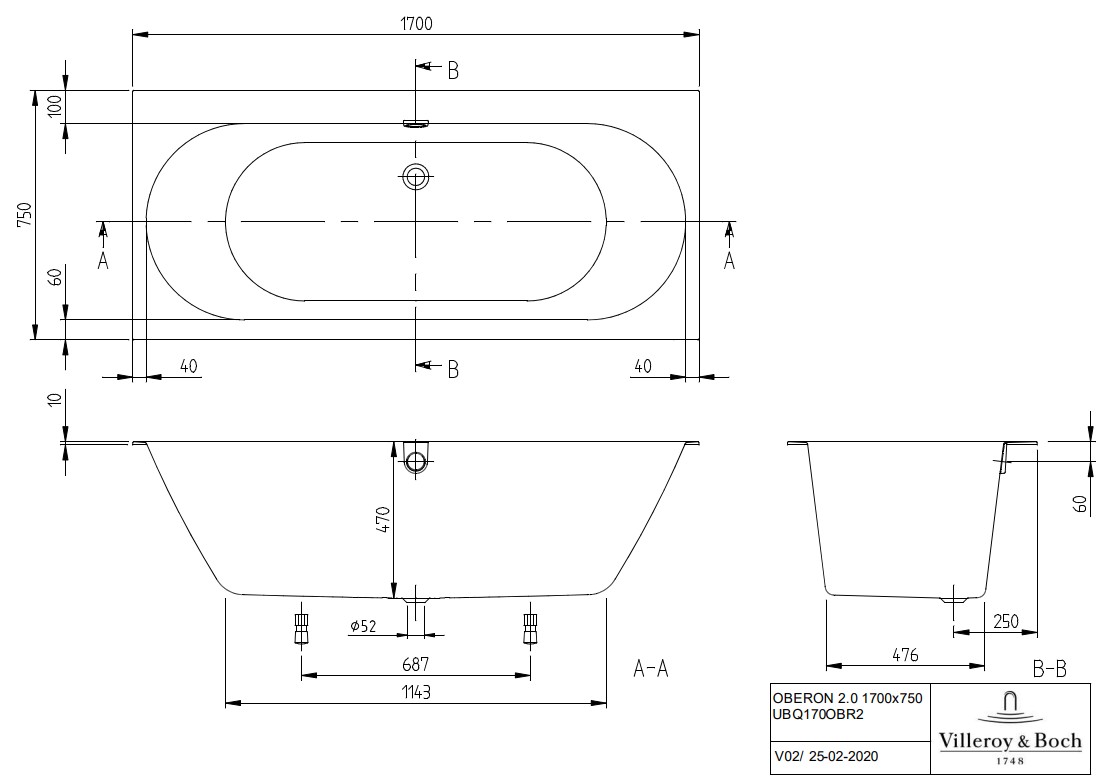 Villeroy & Boch Oberon 2.0 inbouw ligbad 170x75cm wit