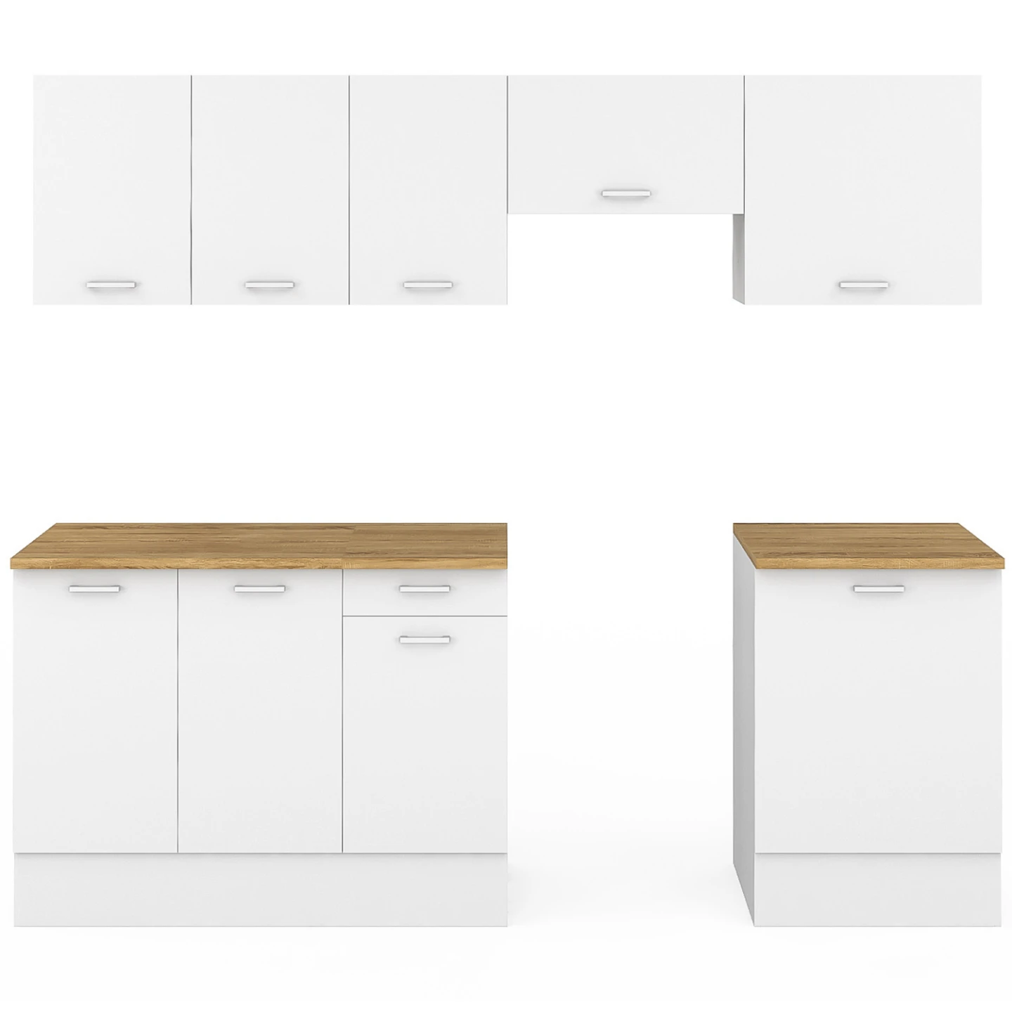 Cuisine complète 240 cm SUBTIL avec plan de travail 7 éléments blanc et plateaux bois