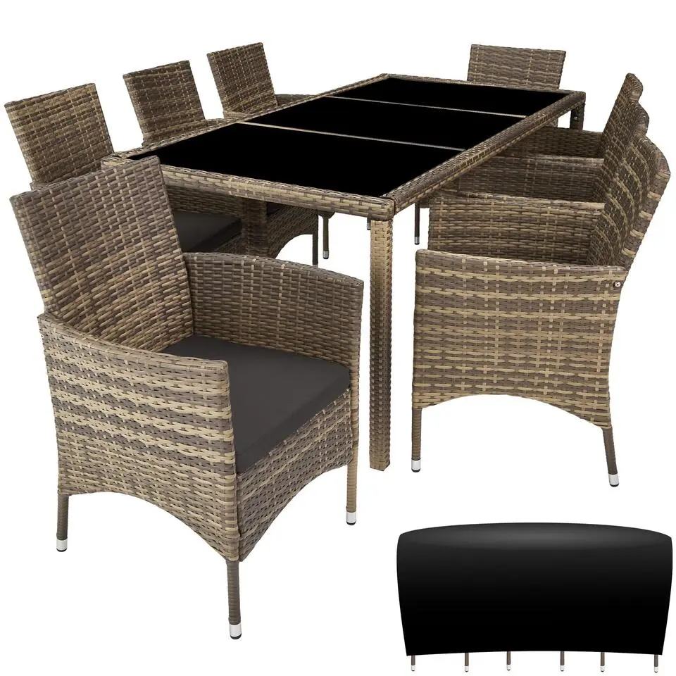 tectake - tuinset 8 stoelen en tafel - wicker - natuurkleur