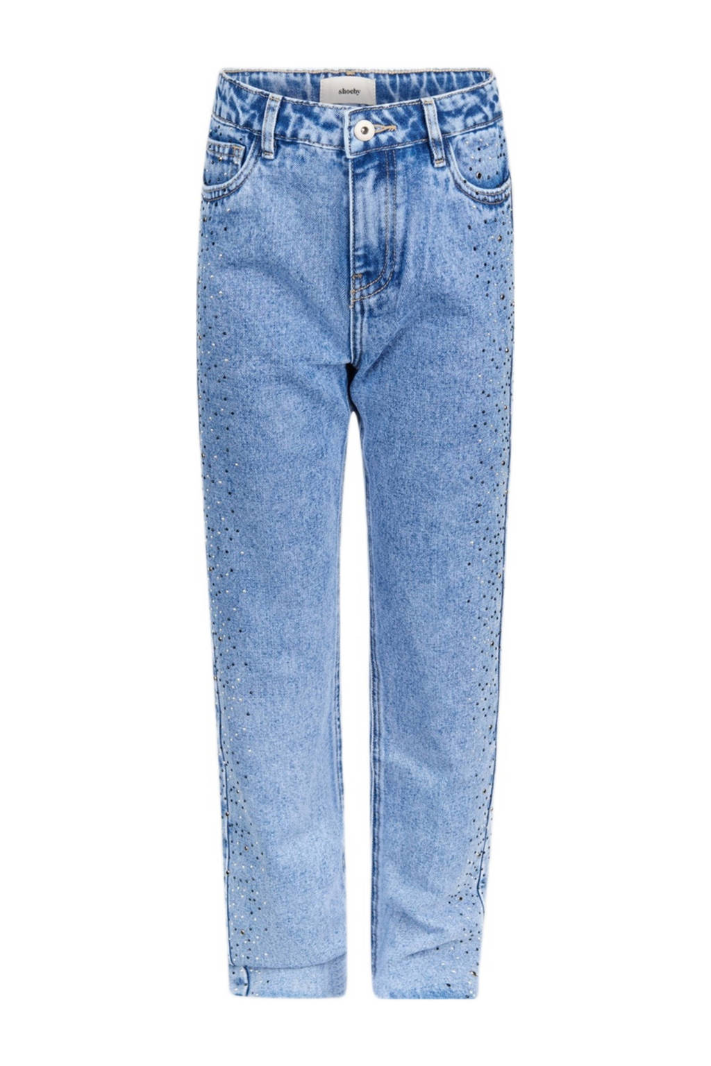 Shoeby high fit straight leg jeans met studs en strass medium blue denim