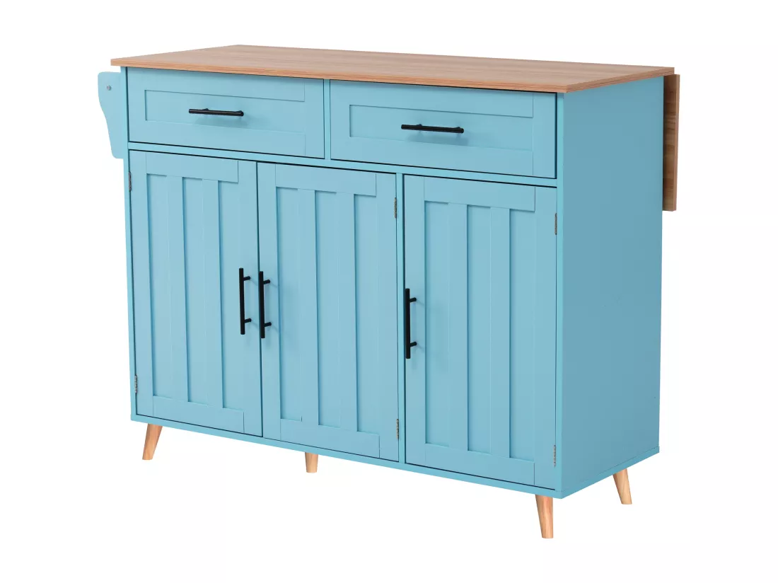Ilot central de cuisine mobile avec 3 portes et 2 tiroirs - plateau extensible - 129x46/71x91,5 cm - Bois MDF + métal - Bleu
