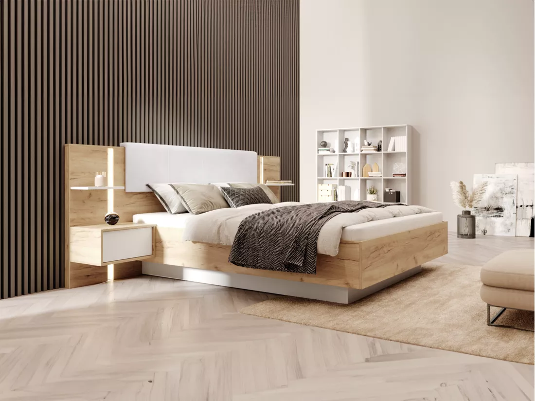 Lit avec chevets 160 x 200 cm - Avec LEDs - Coloris : Naturel et blanc + Sommier - ELYNIA