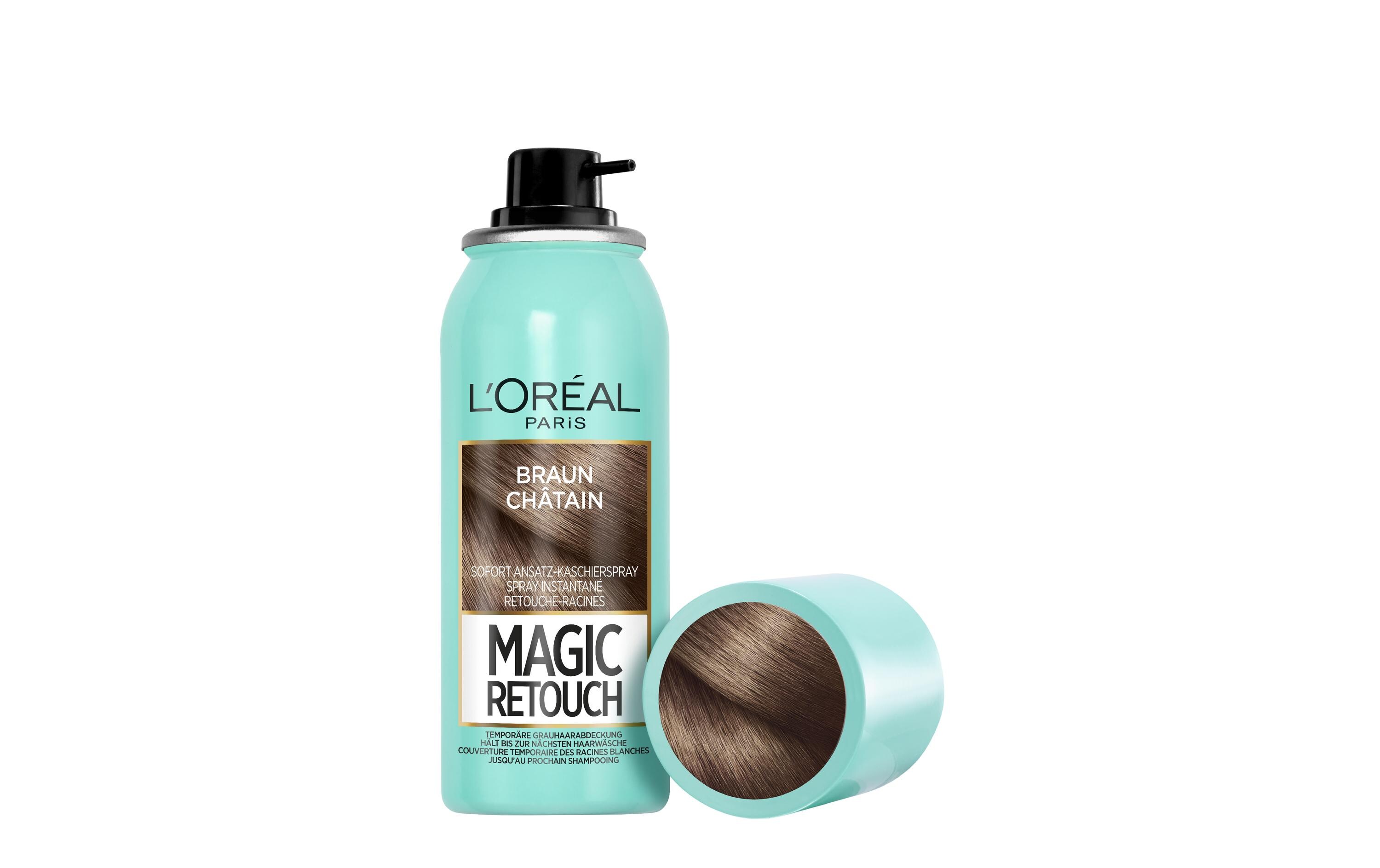 Haaransatz-Spray Magic Retouch BraunKaschiert den grauen Haaransatz in nur 3 Sekunden
