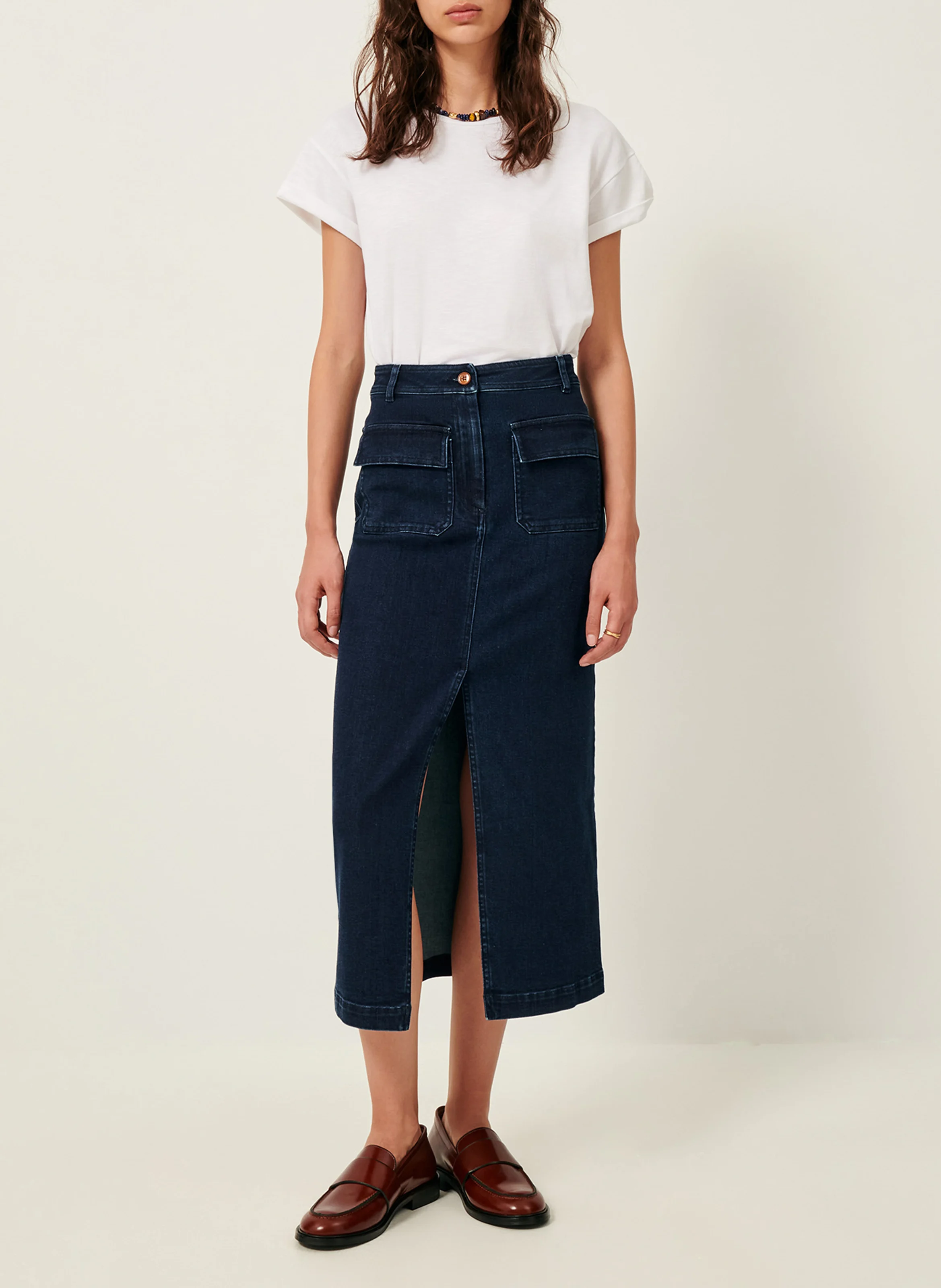 UPTOWN - Jupe midi en coton mélangé | Bleu