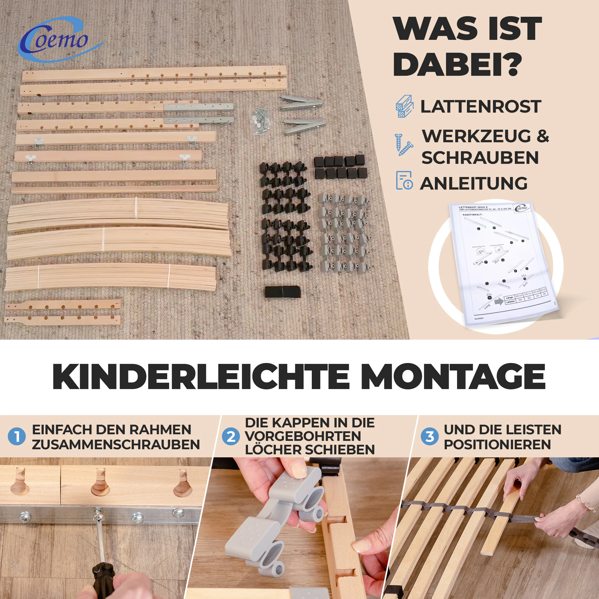 Coemo 7-Zonen Lattenrost ERGO K 100x190 verstellbar Kopfteil Härtegrad verstellbar 26 Leisten