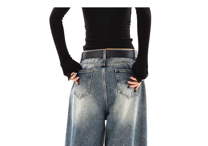 Elyou - Mid Waist Washed Wide Leg Jeans