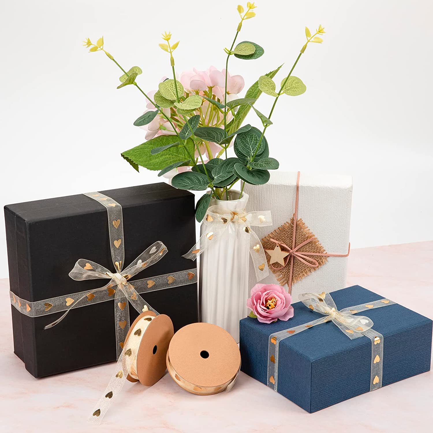 (2er Set) 1.5cmx9m Geschenkband Organza Deko Band mit Herz Print - Gold