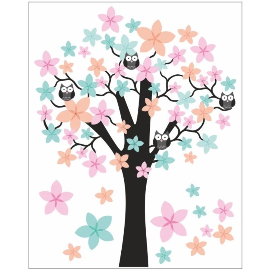 Nikima Wandtattoo 062 Wandtattoo Baum mit Eulen – rosa blau orange bunt
