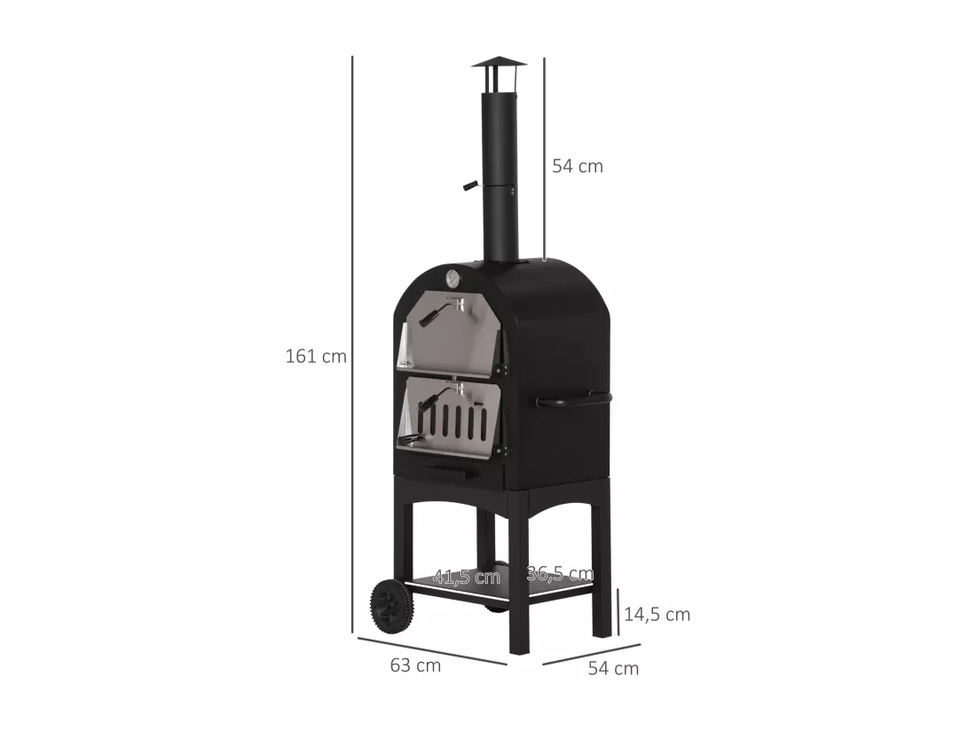 Four à pizza extérieur au charbon de bois - barbecue sur roulettes - four à bois - pierre réfractaire - cheminée, jauge température - acier au carbone noir gris