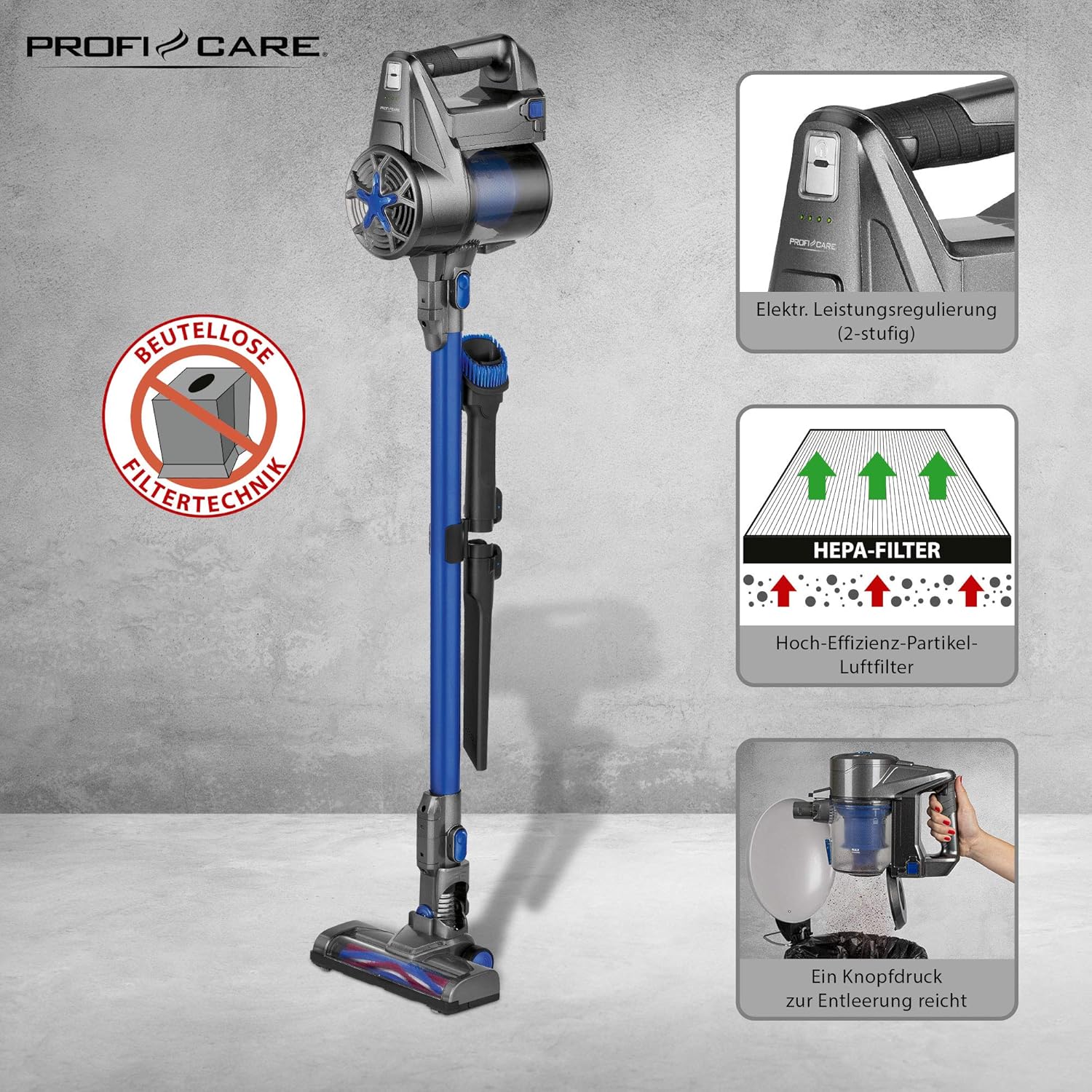 ProfiCare® Akku-Bodenstaubsauger | Staubsauger | Hand- und Bodenstaubsauger | Akkulaufzeit bis zu 40 Min. | Lithium-IonenAkku 22,2 V (2200 mAh) | HEPA-Filter | LED-Beleuchtung | PC-BS 3036 anthrazit