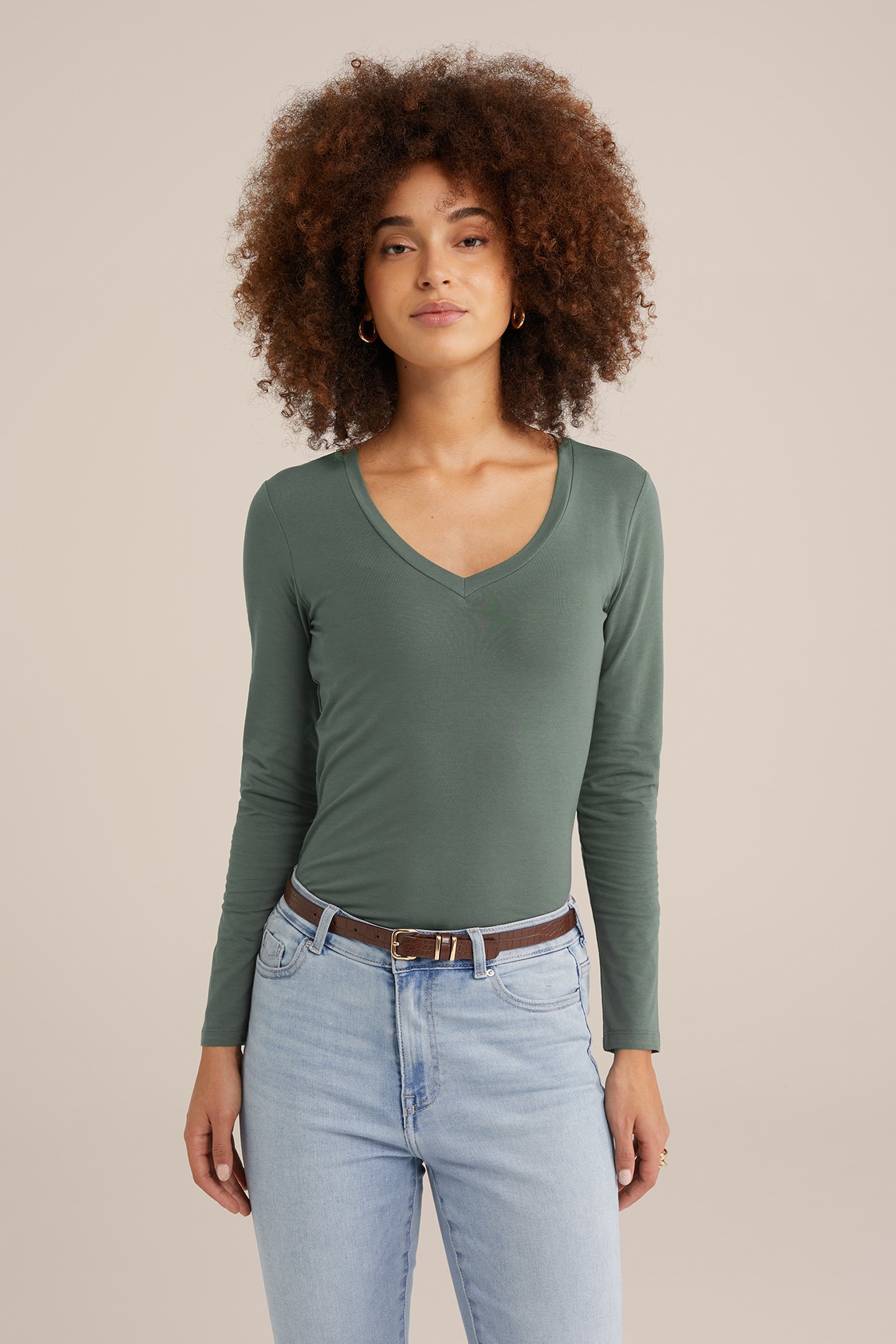 T-shirt met V-hals WE Fashion Groen
