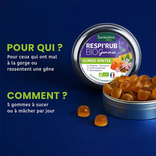 Gomas de mascar orgânicas Santarome Bio Respir'Rub para dor de garganta com própolis 45g