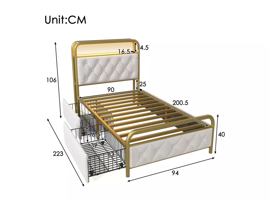 Lit capitonné 90 x 200 cm avec 2 tiroirs et tête de lit rangement - Prises USB Type C et LEDs - Velours - Blanc (sans matelas)