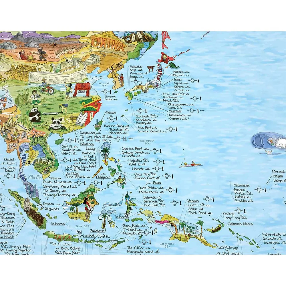 Mapa incrível da Surftrip: Melhores praias de surf do mundo - Edição original colorida.