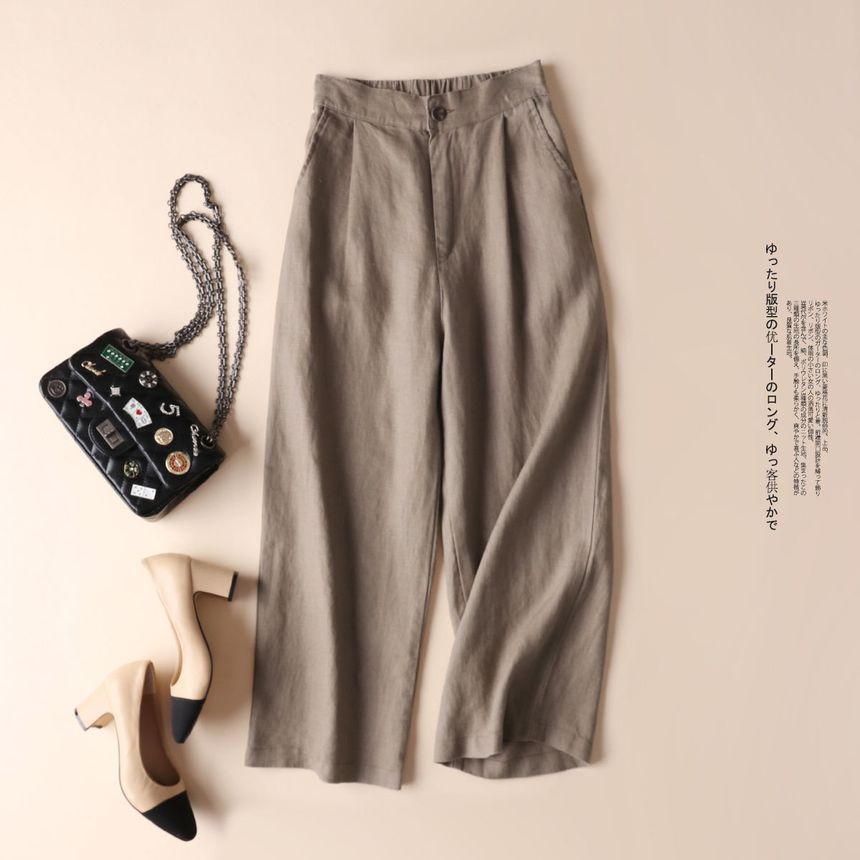 INEN - Effen linnen cropped broek met elastische taille en wijde pijpen