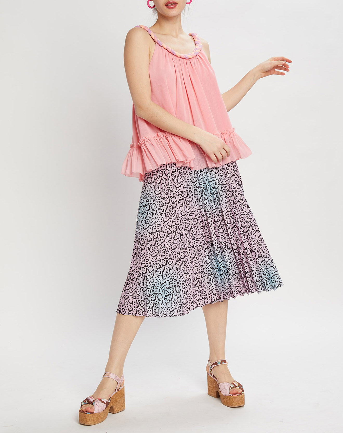 Manoush Jupe midi plissée panthère  bleu/rose