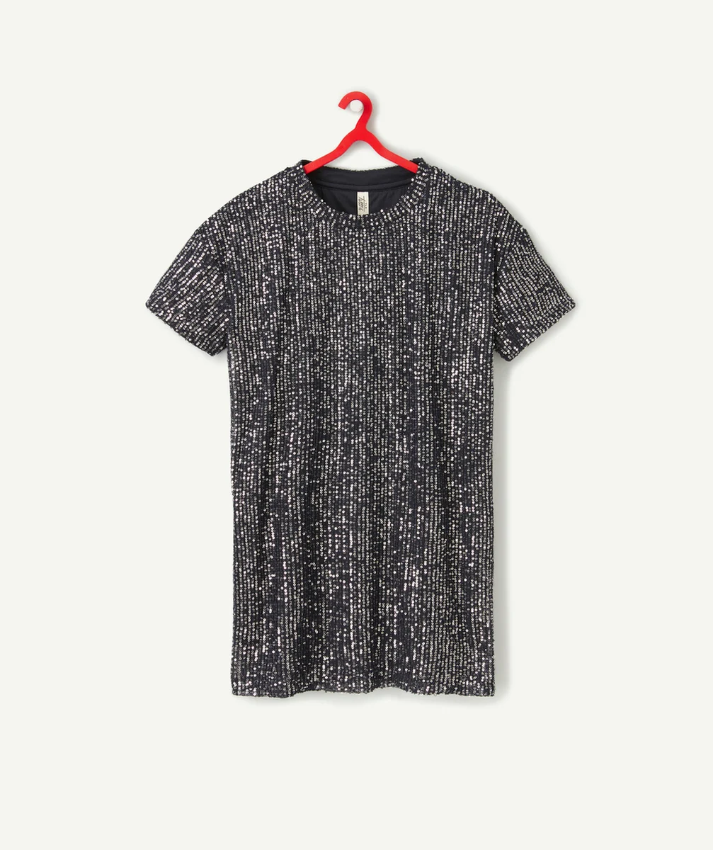 ROBE COURTE FILLE BLEU MARINE À PAILLETTES COULEUR ARGENTÉES
