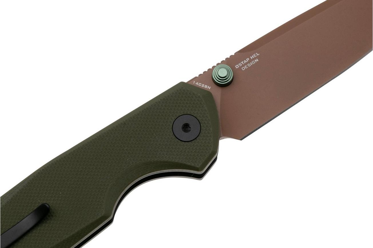 Bestechman Velix BMK07G Bronze PVD 14C28N, Green G10 zakmes, Ostap Hel design