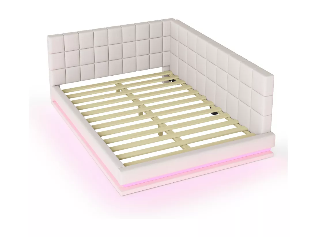 Lit banquette rembourré en velours 140x200cm - avec LED et prise USB - Beige