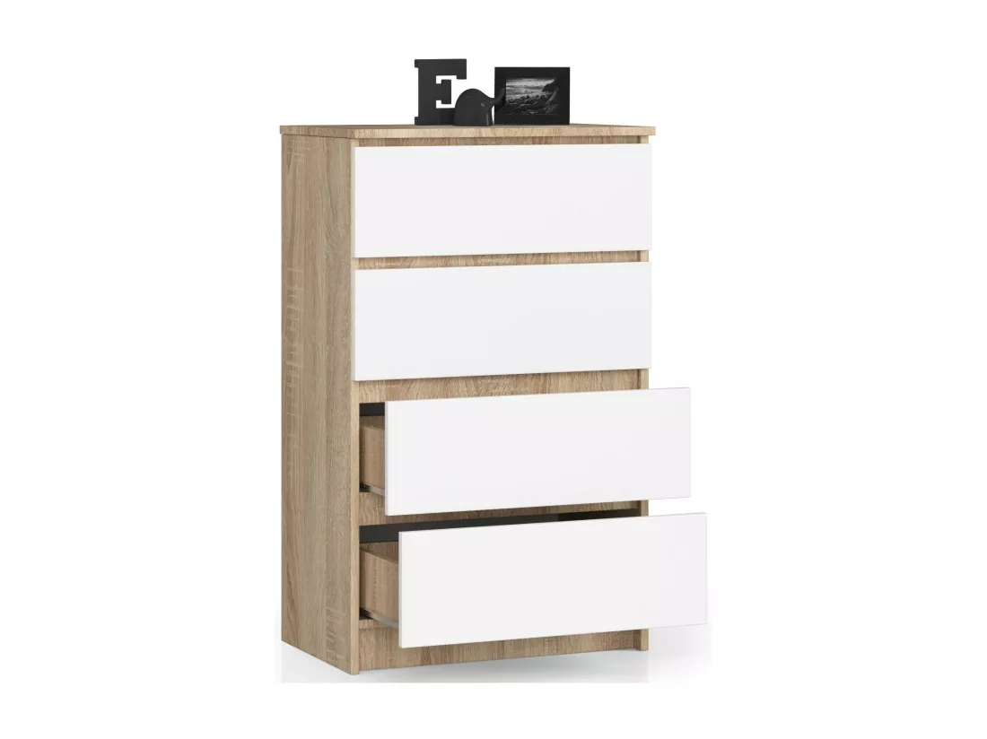 Commode AKORD K60 Chêne Sonoma 60 cm 4 tiroirs façade Blanche 60x40x99 cm