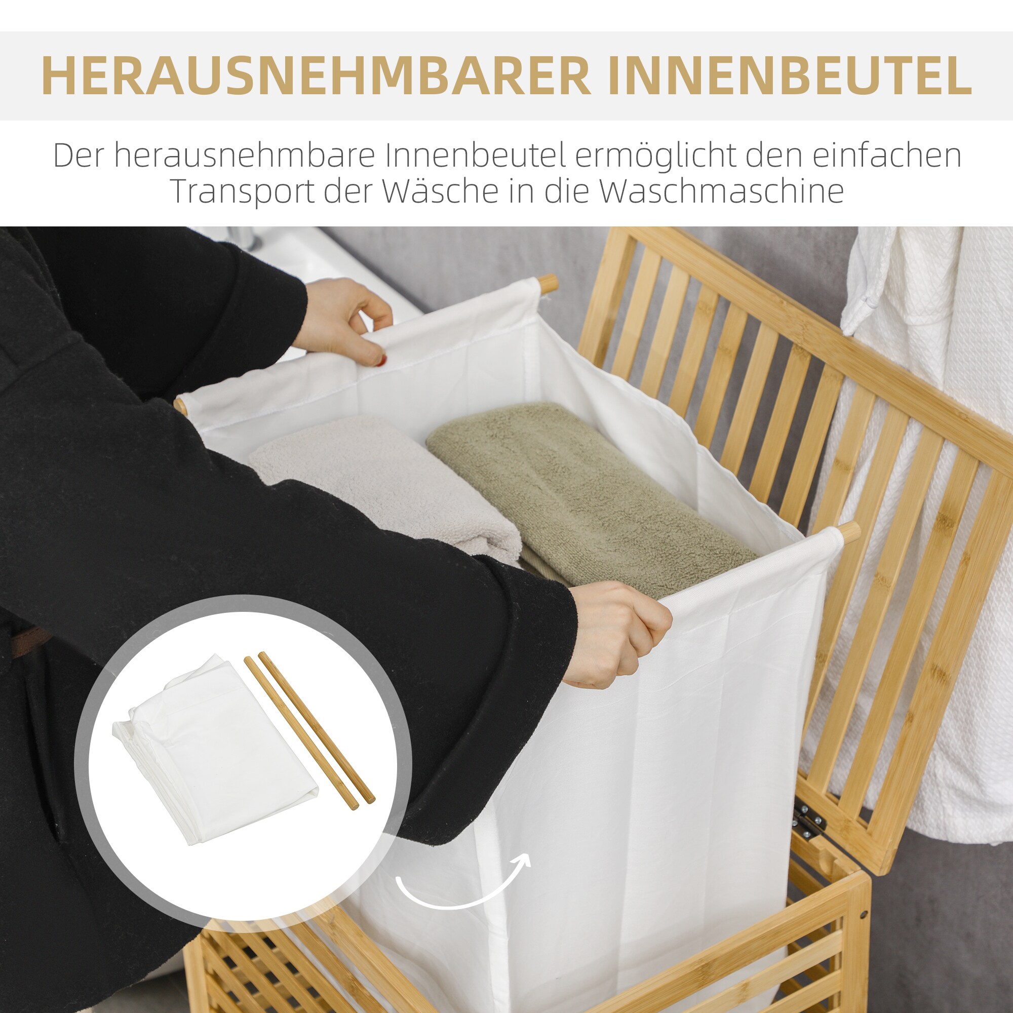HOMCOM Wäschekorb mit entnehmbarem Wäschesack natur 50L x 36B x 60H cm