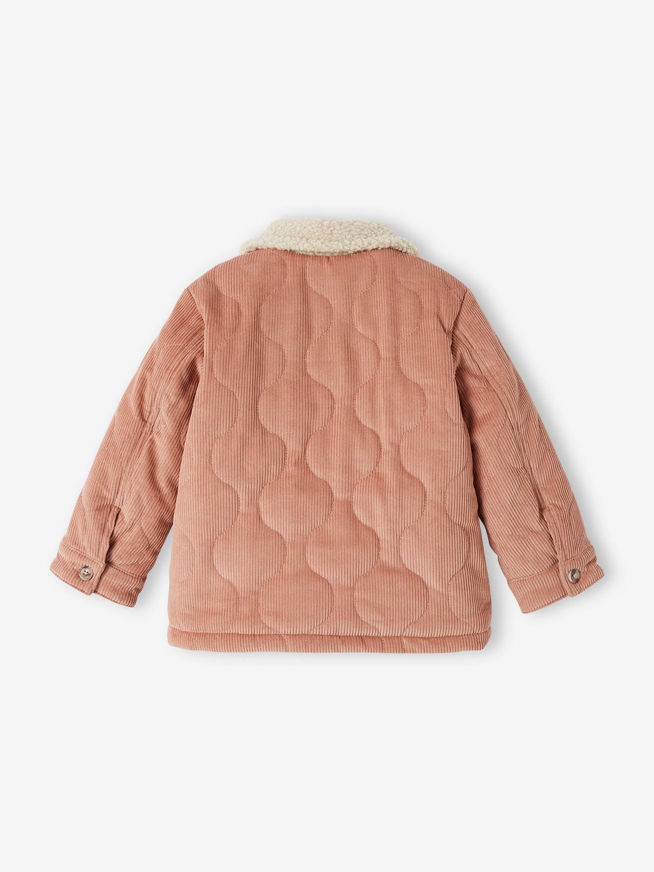Jaqueta rosa de veludo cotelê acolchoada com forro de sherpa para meninas