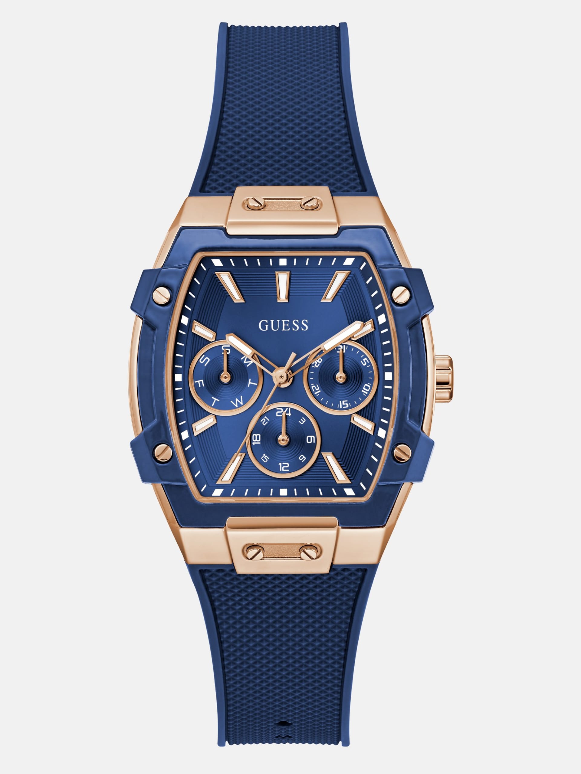 Relógio multifuncional em tom de ouro rosa e silicone azul