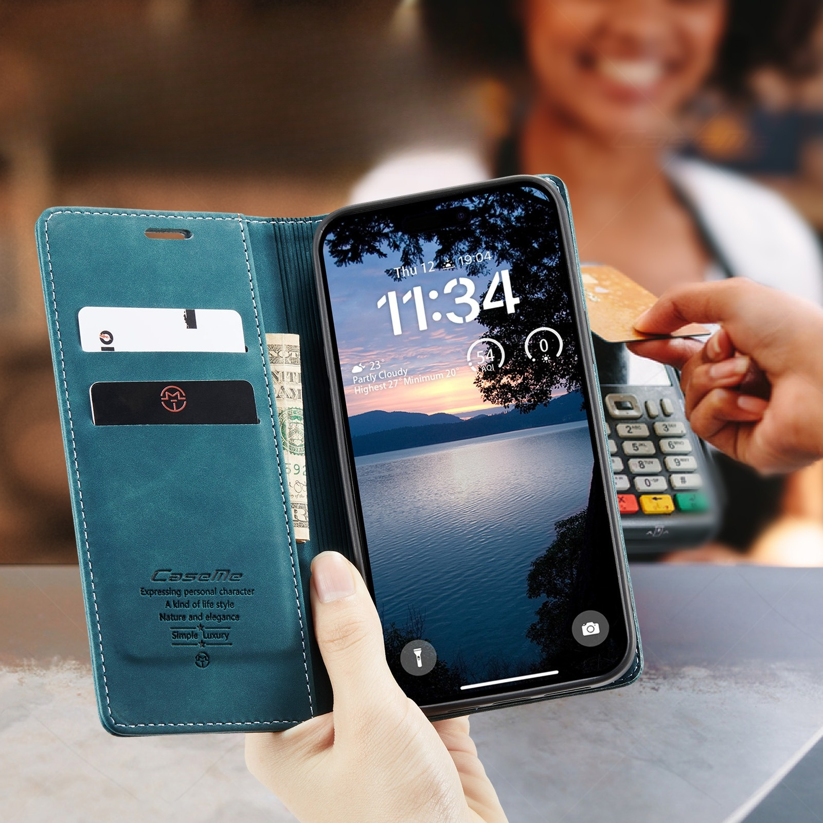 iPhone 17 Pro Leder Tasche Flip Wallet Etui mit Kartenfächern - Blaugrün