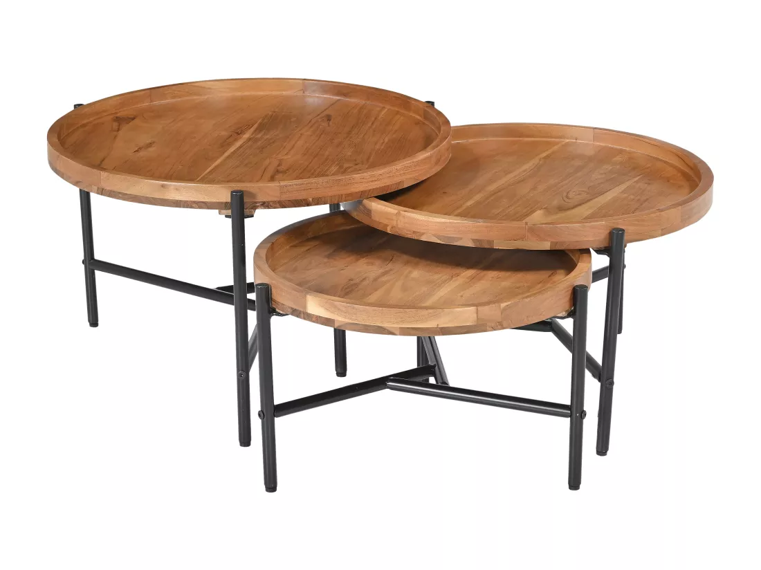 Tables basses gigognes en bois d'acacia et métal noir - Naturel clair - ELORA