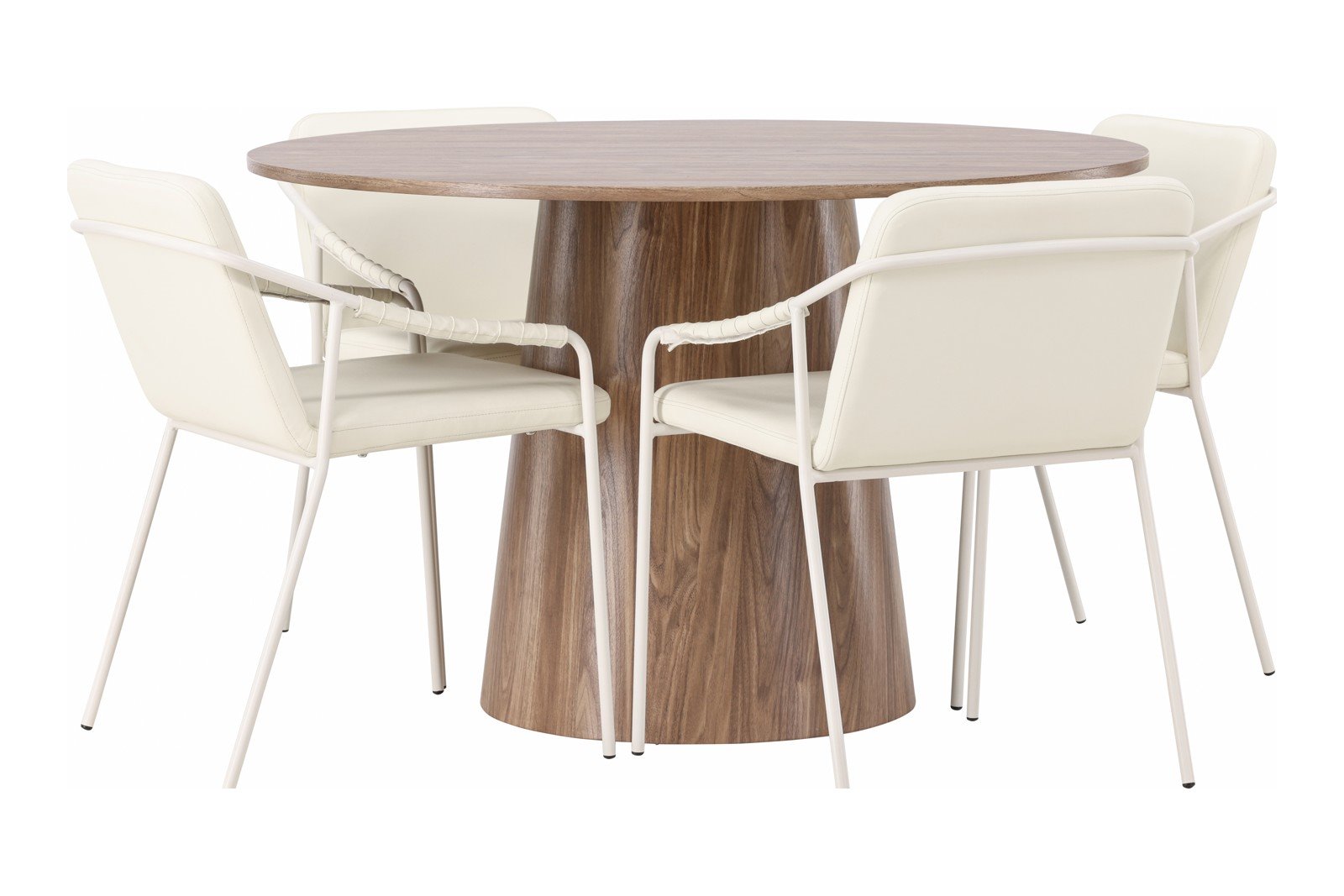 Lanzo og Tvist Spisegruppe Lanzo rundt spisebord ø120cm i natur med 4 stk. Tvist med arm spisetoler i Beige PU og metal understell.