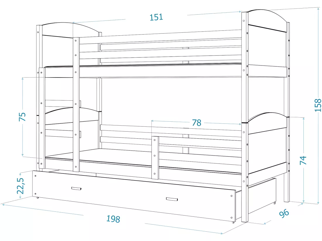 Lit Superposé Matis 90x190 (Sans Matelas) Blanc - blanc Livré avec le sommiers et tiroir.
