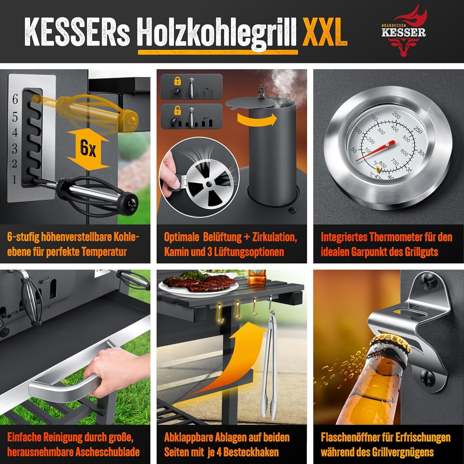 KESSER® Grillwagen BBQ Smoker XXL Holzkohlegrill mit Deckel, Rädern, Edelstahl-Griff, Thermometer, Grillrost, Bürste, Abdeckhaube & Silikon-Pinsel, Standgrill, Kohlegrillwagen