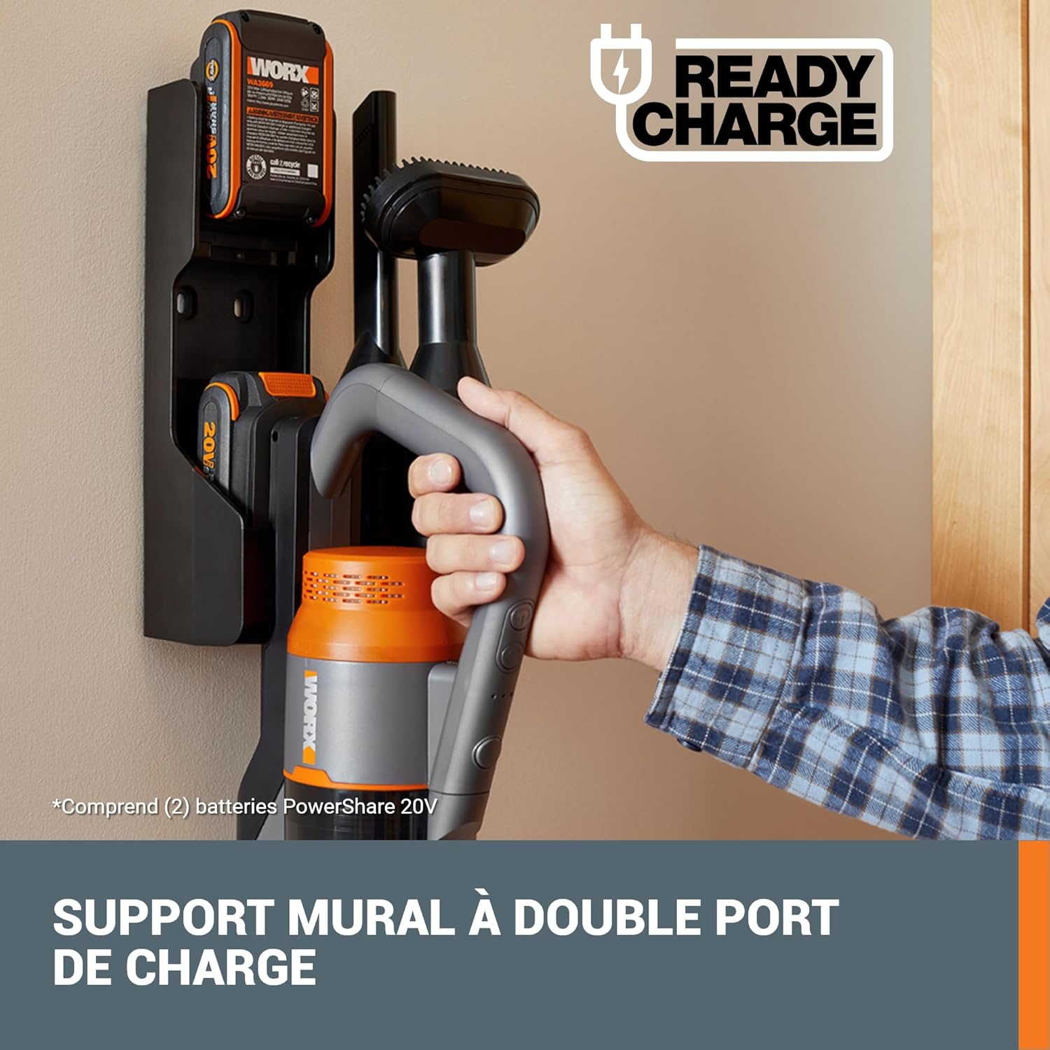 WORX 20V Akku Staubsauger WX038, 25Kpa Handstaubsauger kabellos, 45min Lange Laufzeit, leicht für Haustierhaare, Teppich, Auto - inkl. 2 PowerShare Akkus und Wandhalterung Doppelladegerät