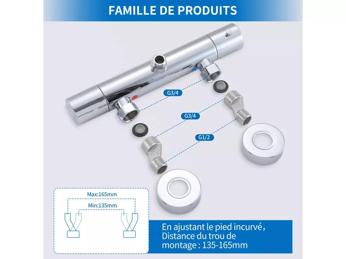 Mitigeur Thermostat Douche Robinet Mitigeur Douche pour Colonne de Douche Baignoire Robinetterie de Bain en Laiton Chromé