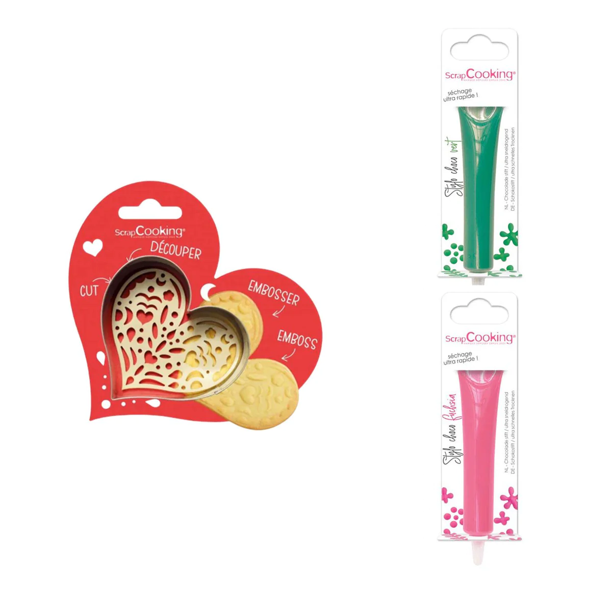 Kit pour biscuit en relief Coeur + 2 Stylos au chocolat vert et fuchsi