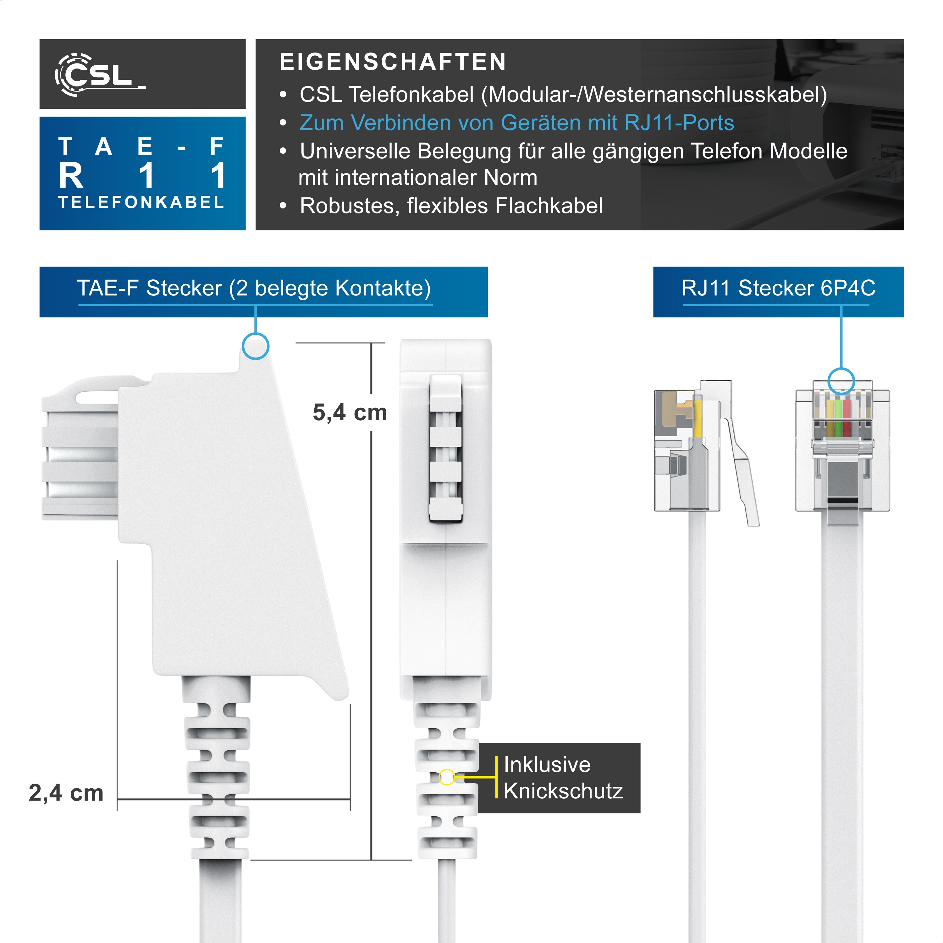CSL - 15m Telefonkabel TAE-F Stecker auf RJ11 Stecker - Int. Norm 6P4C / 4-polig belegt - Flachkabel - TAE-F - weiß