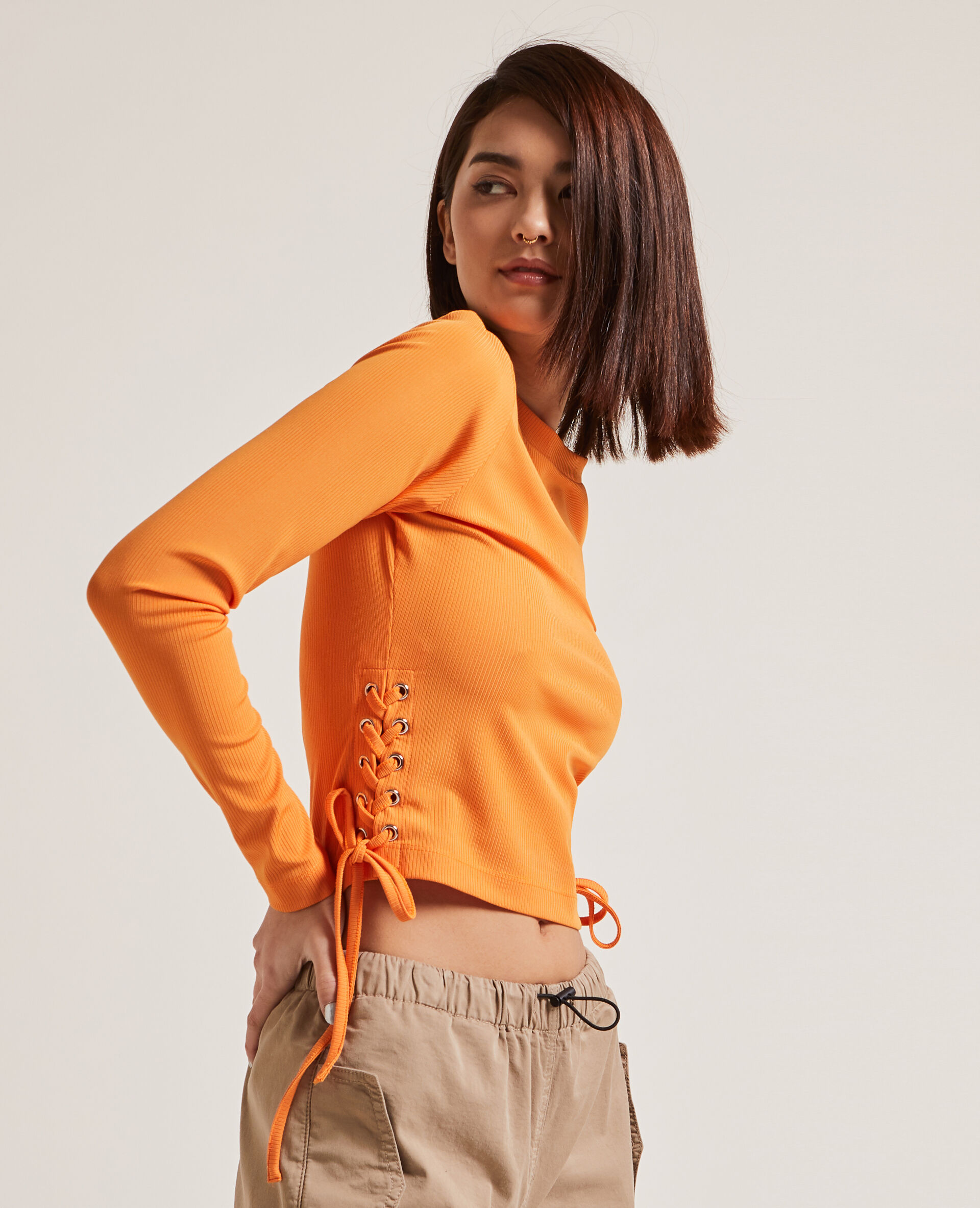 Top maille côteléee avec lacets - Orange