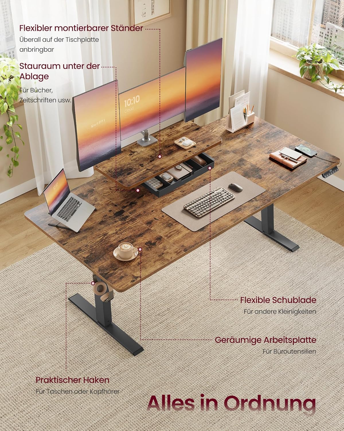 VASAGLE Höhenverstellbarer Schreibtisch, 160 x 80 cm, flexibel montierbarer Monitorständer, Schublade, USB-C-Anschluss, Erinnerung bei langem Sitzen, für Büro, vintagebraun LSD156KD01
