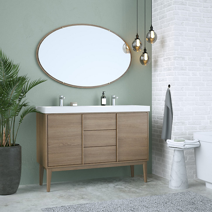 Ensemble meuble sous vasque placage bois Kabayan + plan double vasque résine blanc Mila l.120 cm