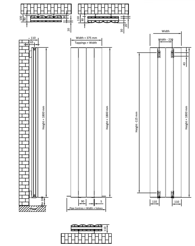 Eastbrook Guardia radiator 35x180cm aluminium 1824W grijs mat