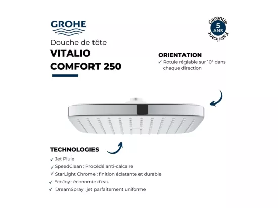 Douche de tête GROHE Quickfix Vitalio Comfort 250 Cube + nettoyant GrohClean