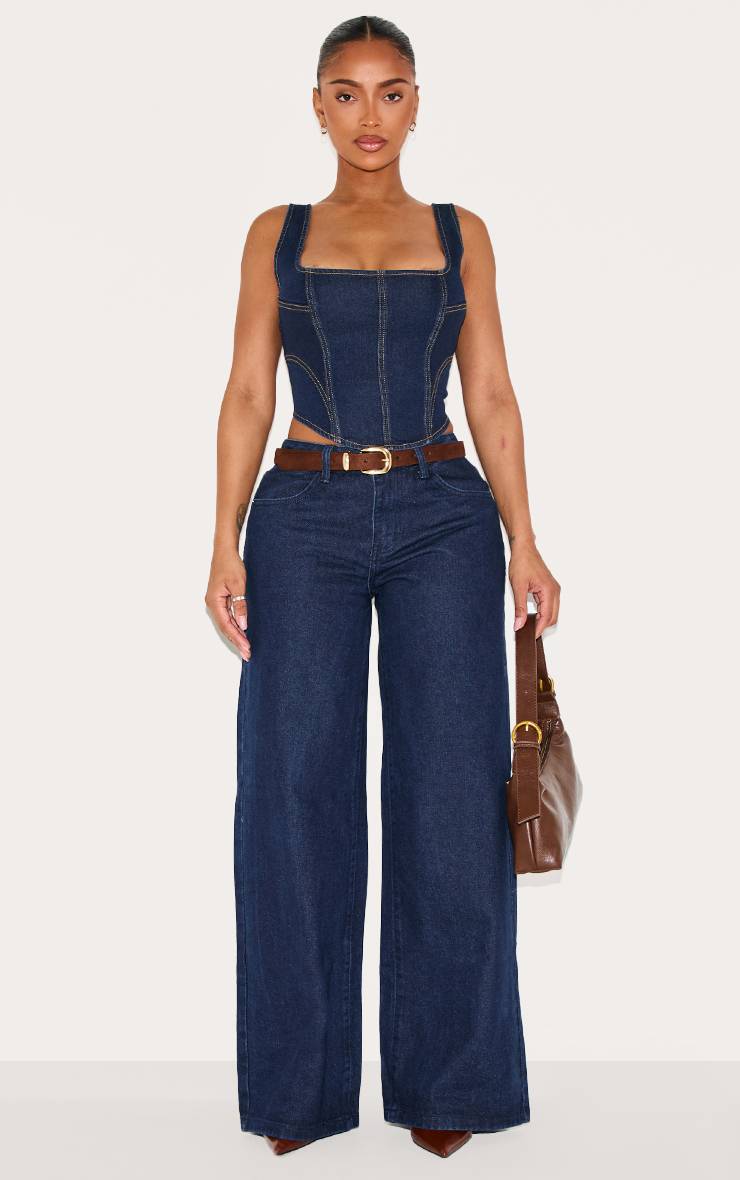 Bleu Indigo Foncé Corset En Denim Délavé Ajusté