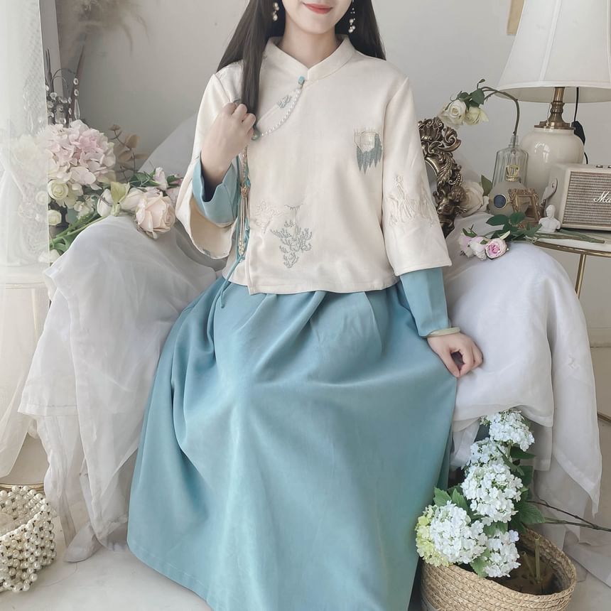 Moregirl - Set: Lange mouwen geborduurde gemodificeerde Hanfu blouse + elastische taille effen midi A-lijn rok