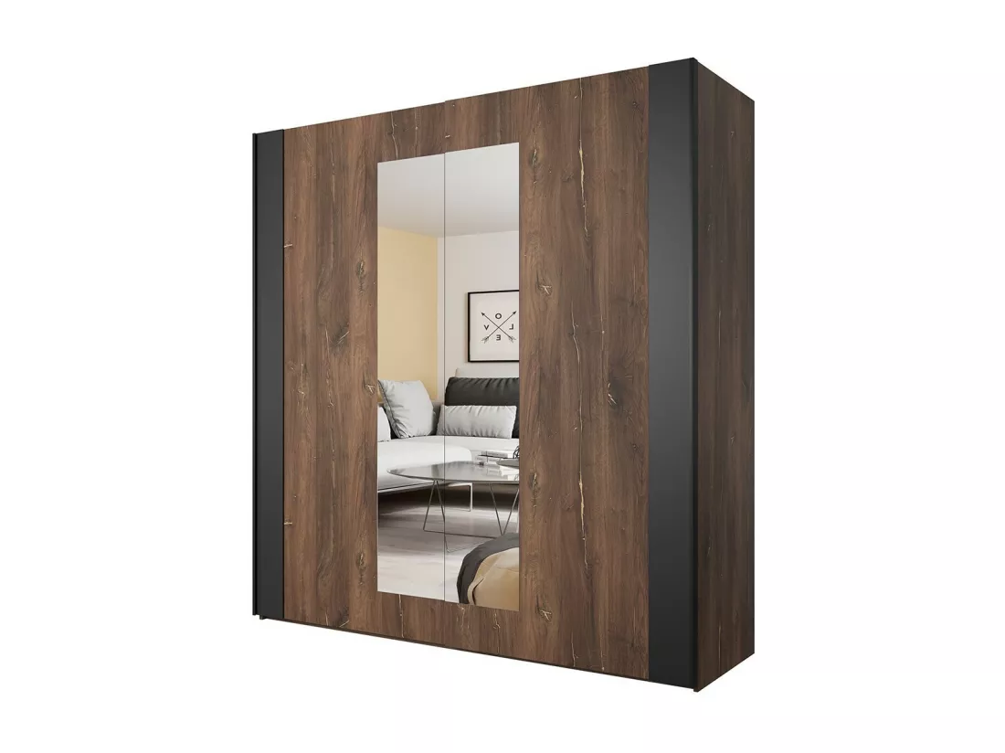 Chambre complète FOX – Armoire 200 cm, Lit 180x200 sommier inclus, Commode, Chevets – Chêne foncé