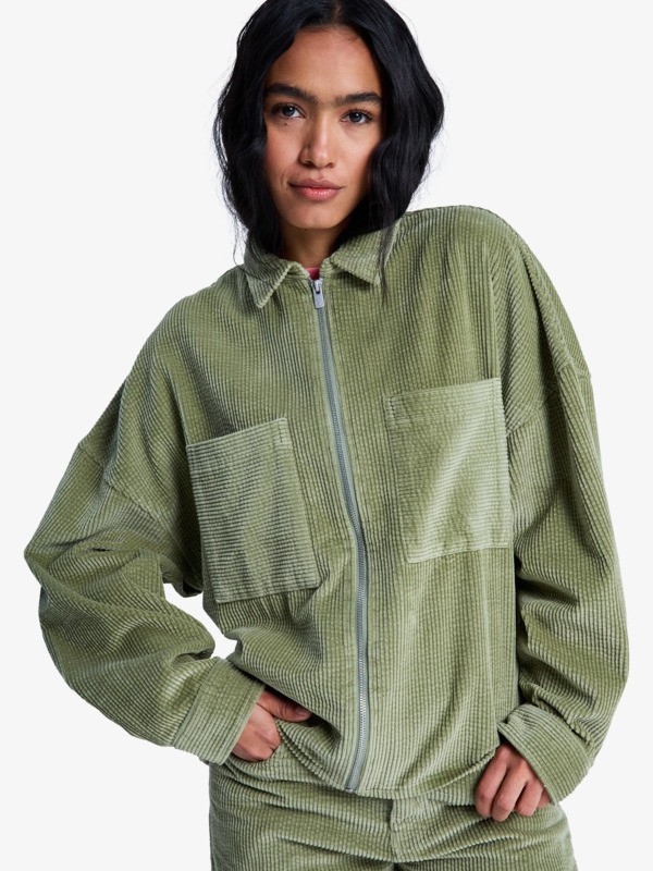 Chilled Out Washed Veste zippée en velours côtelé Vert Femme