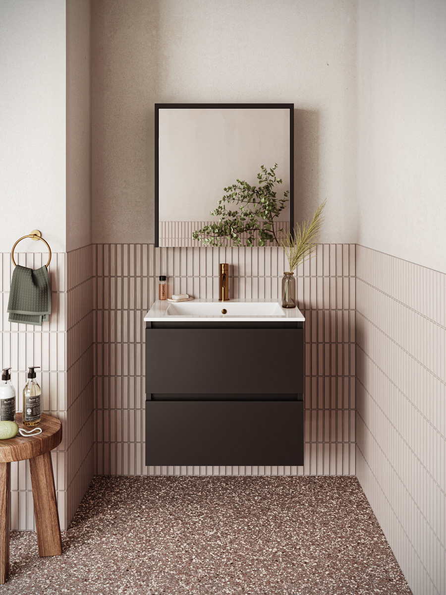Fontana Rovigo badmeubel 60cm zwart mat met witte wastafel met kraangat en spiegelkast zonder verlichting