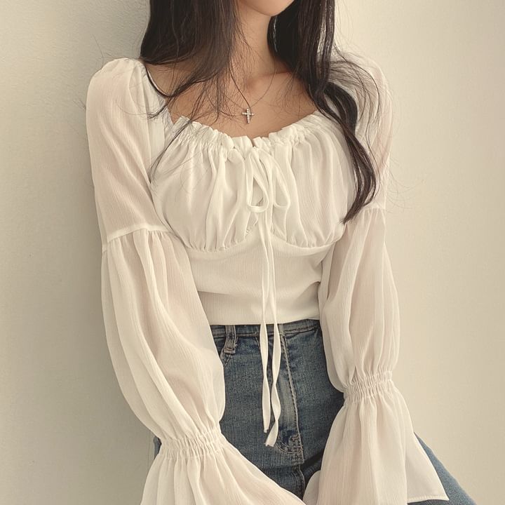 Kira Kira - Blouse met geplooide mouwen en vierkante hals, effen kleur en strik aan de voorkant