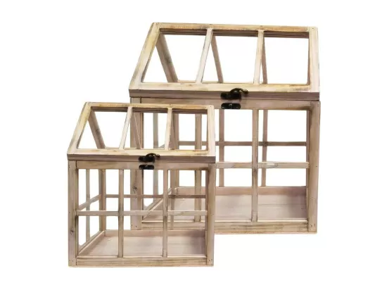 Set de 2 mini serres d'intérieur en bois naturel rosé et verre